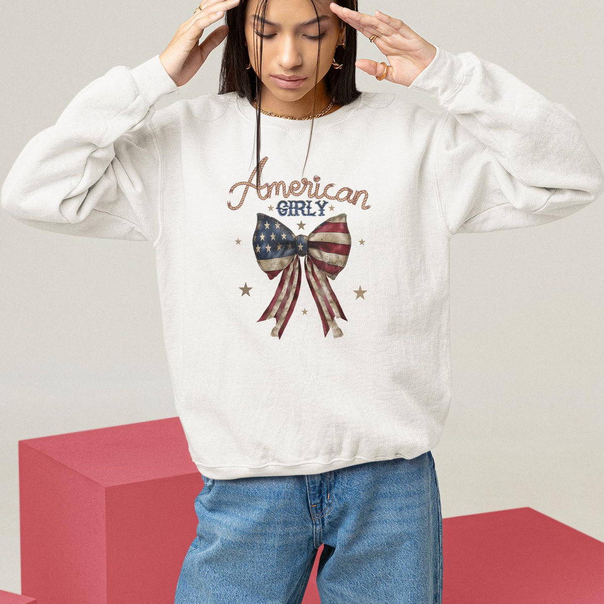 American Girly Sweatshirt Coquette Girl Vintage 4th Of July - Wonder Print Shop