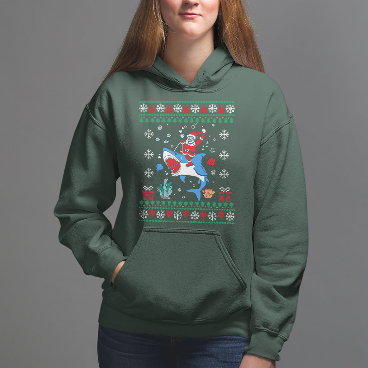 Christmas Hoodie Santa Riding Shark Diver Ocean Xmas Holiday - Wonder Print Shop