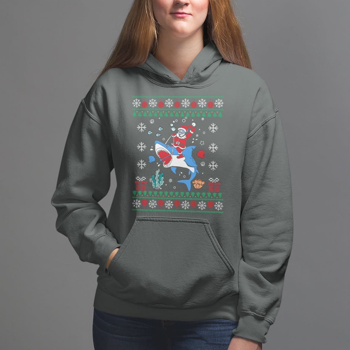 Christmas Hoodie Santa Riding Shark Diver Ocean Xmas Holiday - Wonder Print Shop