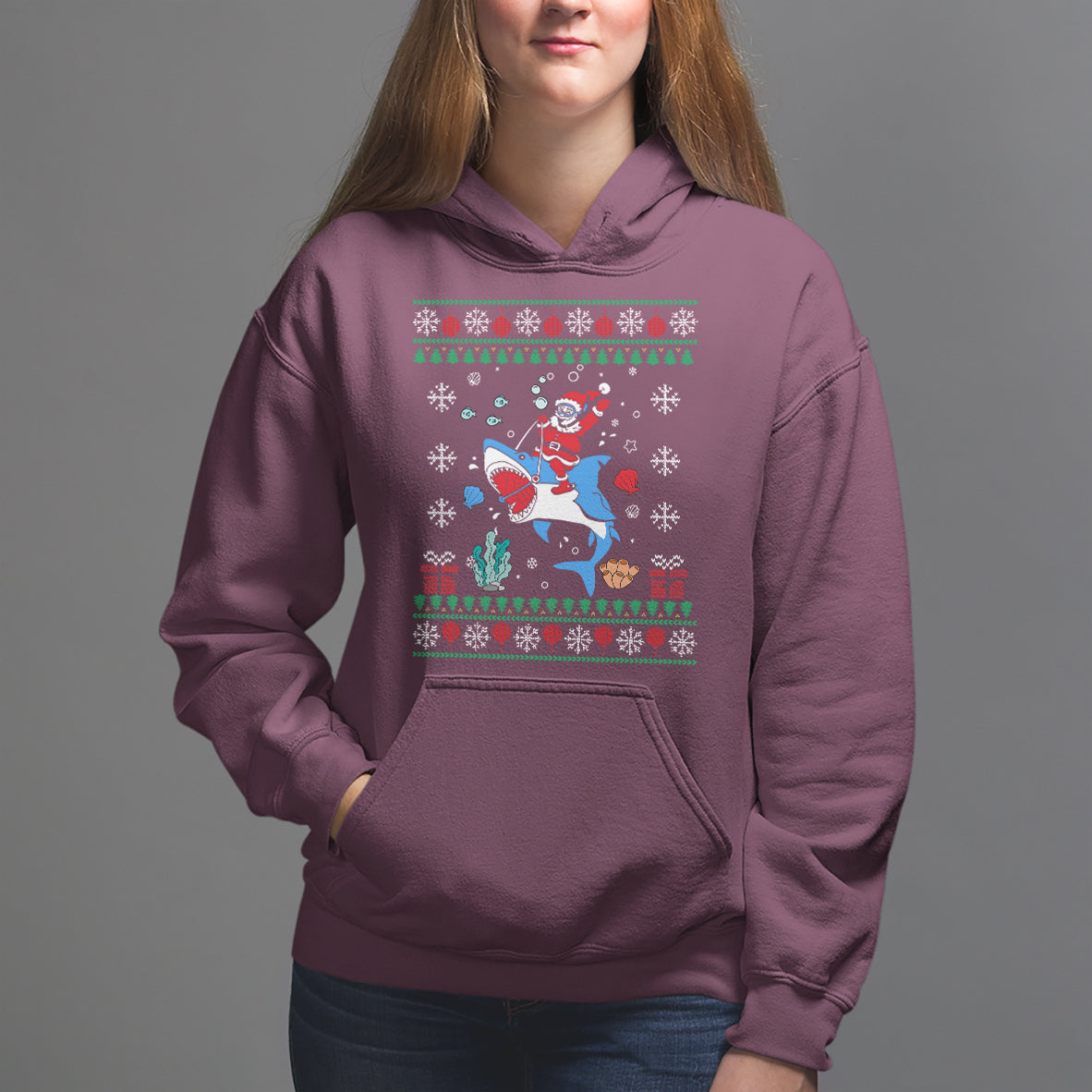 Christmas Hoodie Santa Riding Shark Diver Ocean Xmas Holiday - Wonder Print Shop