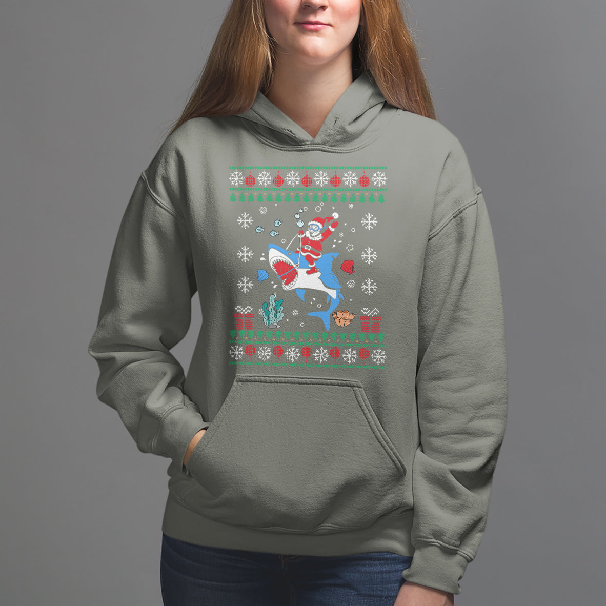 Christmas Hoodie Santa Riding Shark Diver Ocean Xmas Holiday - Wonder Print Shop