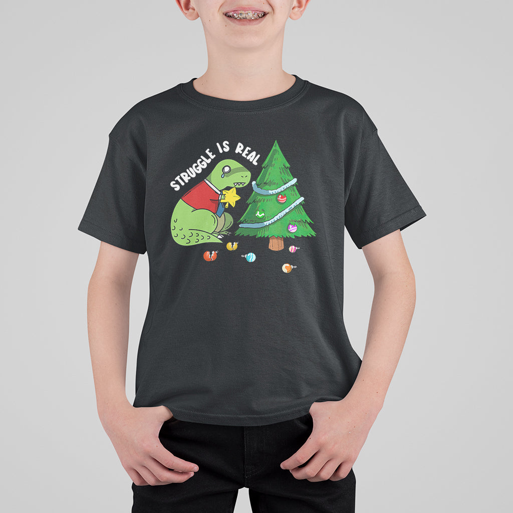 Christmas T Shirt For Kid Struggle Is Real T-Rex Christmas Tree Star - Wonder Print Shop