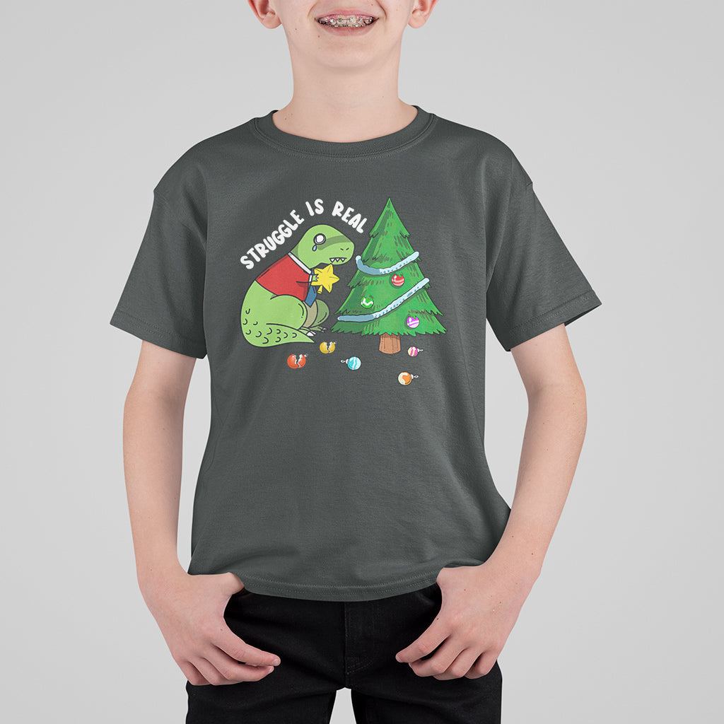Christmas T Shirt For Kid Struggle Is Real T-Rex Christmas Tree Star - Wonder Print Shop