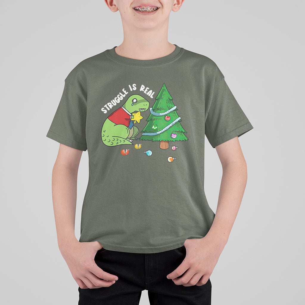 Christmas T Shirt For Kid Struggle Is Real T-Rex Christmas Tree Star - Wonder Print Shop