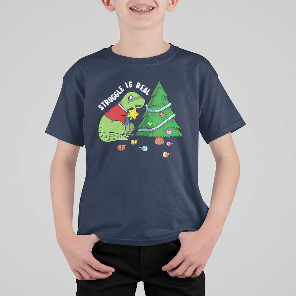 Christmas T Shirt For Kid Struggle Is Real T-Rex Christmas Tree Star - Wonder Print Shop