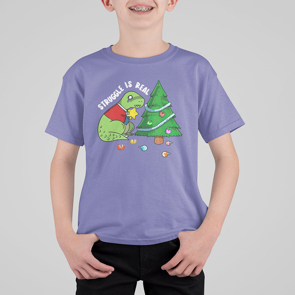 Christmas T Shirt For Kid Struggle Is Real T-Rex Christmas Tree Star - Wonder Print Shop