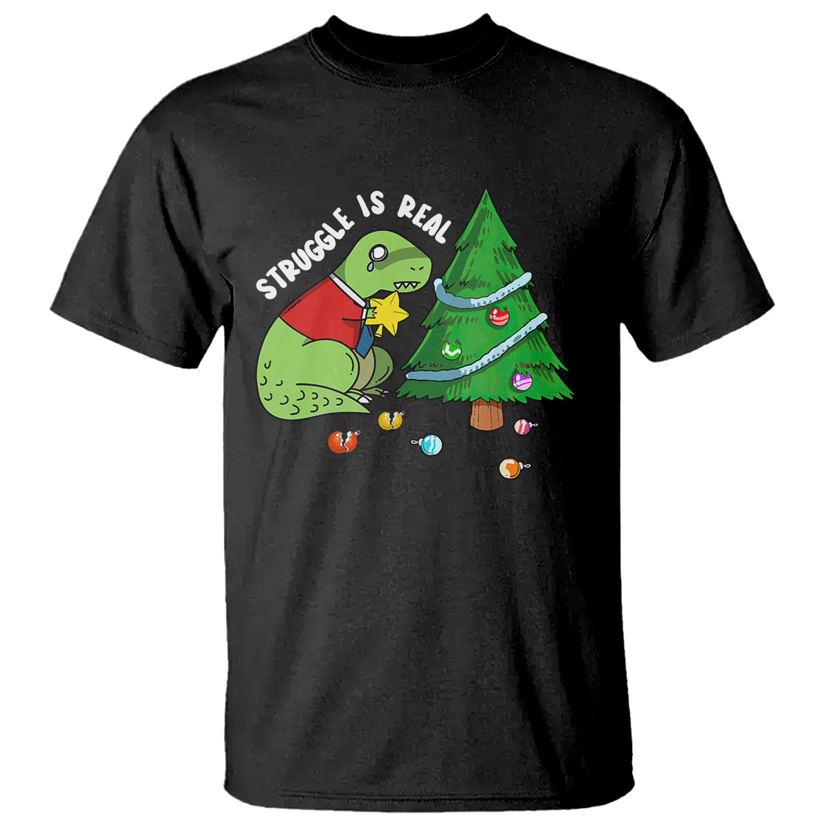 Christmas T Shirt Struggle Is Real T-Rex Christmas Tree Star - Wonder Print Shop