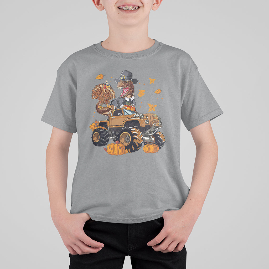 T Rex Turkey Riding Truck Monster Happy Thanksgiving Cool Dinosaur T Shirt For Kid - Wonder Print Shop