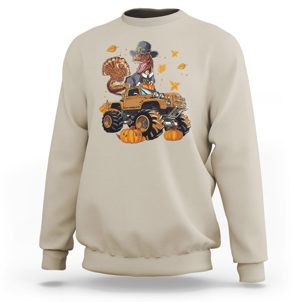 T Rex Turkey Riding Truck Monster Happy Thanksgiving Cool Dinosaur Sweatshirt - Wonder Print Shop
