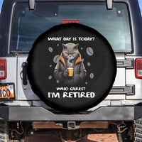 Retirement Spare Tire Cover What Day Is Today Who Cares I‘m Retired Funny Cat Drinking Coffee