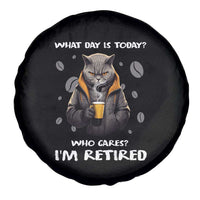 Retirement Spare Tire Cover What Day Is Today Who Cares I‘m Retired Funny Cat Drinking Coffee