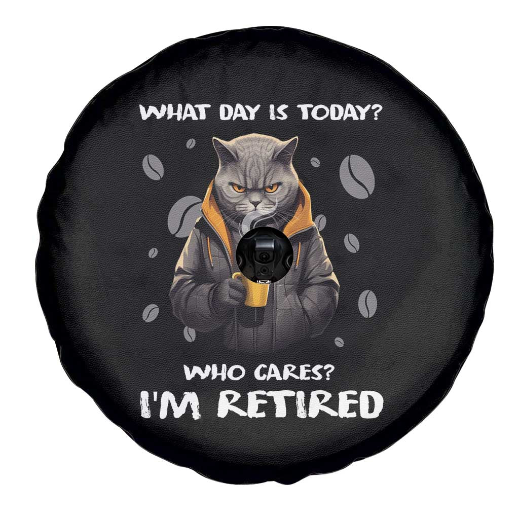 Retirement Spare Tire Cover What Day Is Today Who Cares I‘m Retired Funny Cat Drinking Coffee