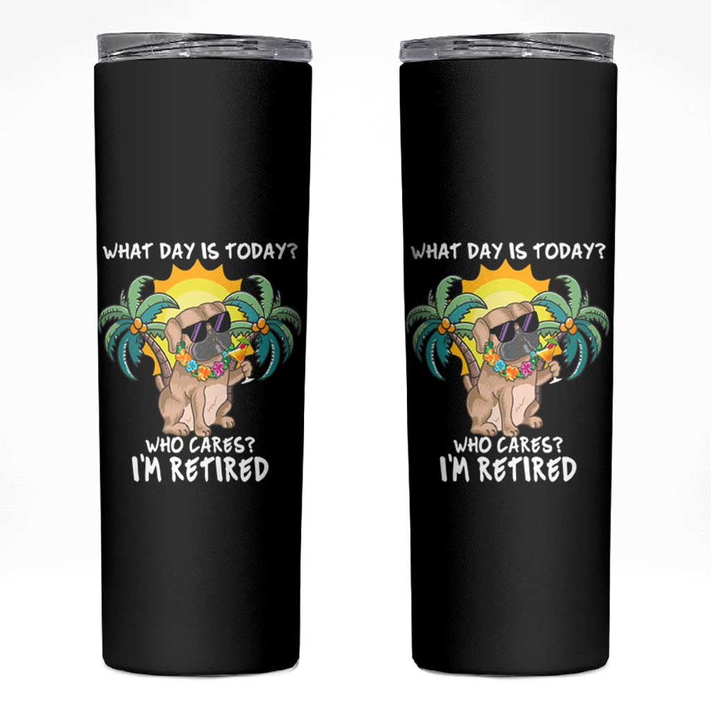 Funny Retirement Skinny Tumbler What Day Is Today Who Cares I'm Retired Funny Dog At Beach