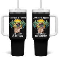 Funny Retirement Tumbler With Handle What Day Is Today Who Cares I'm Retired Funny Dog At Beach