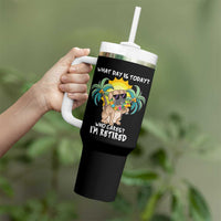 Funny Retirement Tumbler With Handle What Day Is Today Who Cares I'm Retired Funny Dog At Beach