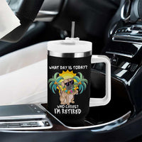 Funny Retirement Tumbler With Handle What Day Is Today Who Cares I'm Retired Funny Dog At Beach