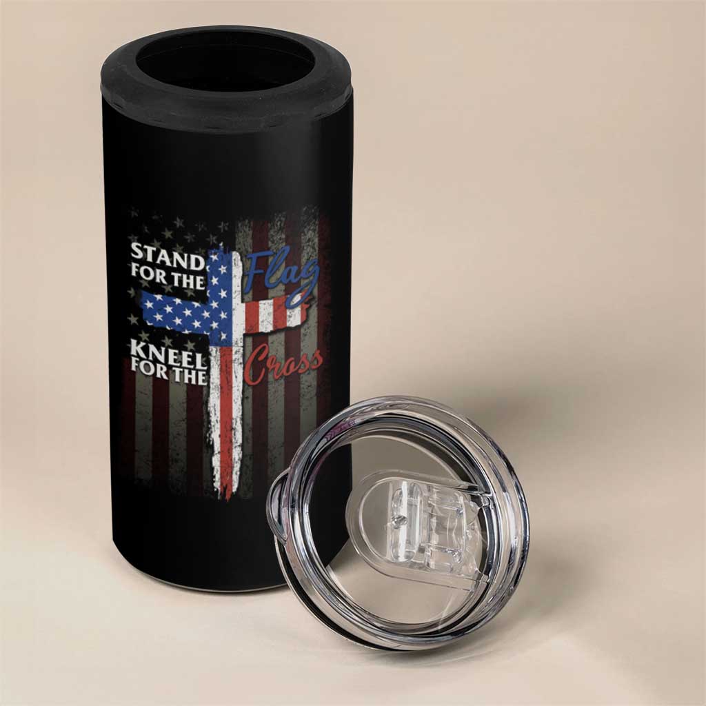 Christian American Patriotic 4 in 1 Can Cooler Tumbler Stand For The Flag Kneel For The Cross