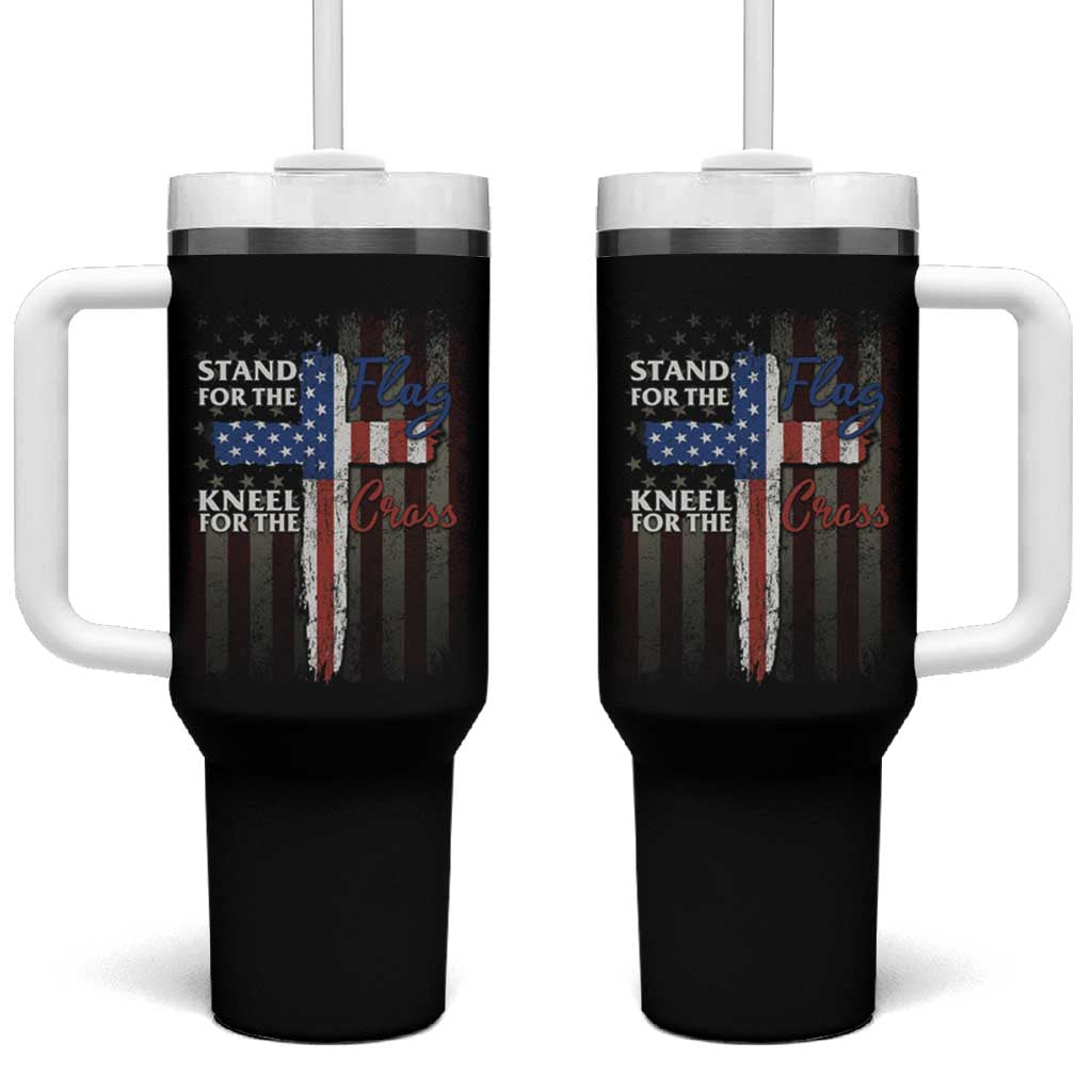 Christian American Patriotic Tumbler With Handle Stand For The Flag Kneel For The Cross
