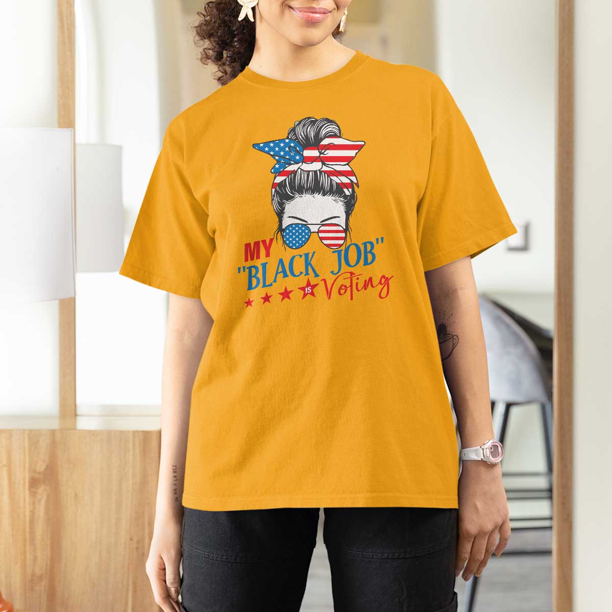 Funny US Election T Shirt For Women My Black Job Is Voting America Girl Messy Bun - Wonder Print Shop