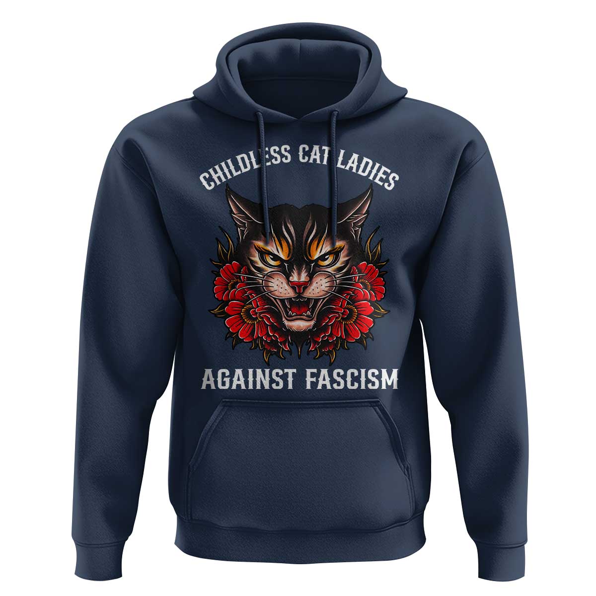 Childless Cat Ladies Hoodie Against Fascism Traditional Tattoo Cat - Wonder Print Shop