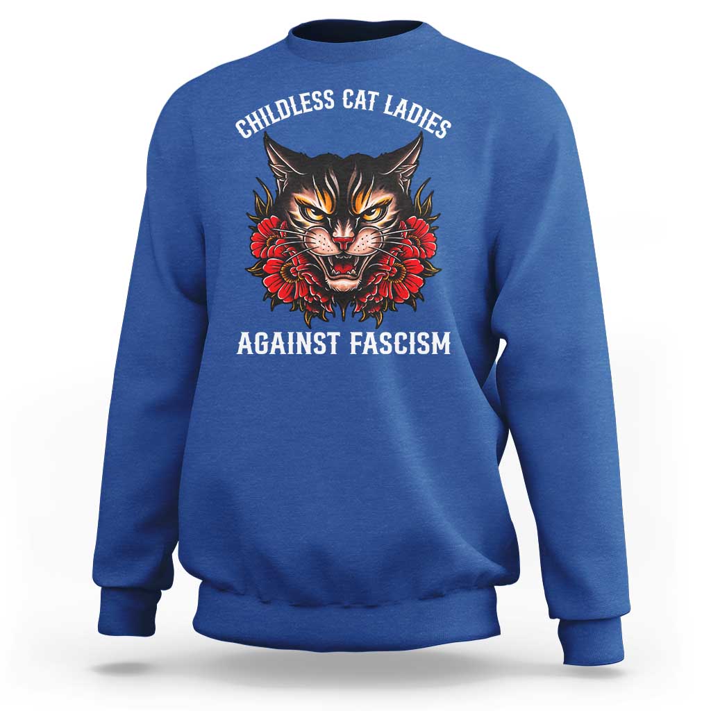 Childless Cat Ladies Sweatshirt Against Fascism Traditional Tattoo Cat - Wonder Print Shop