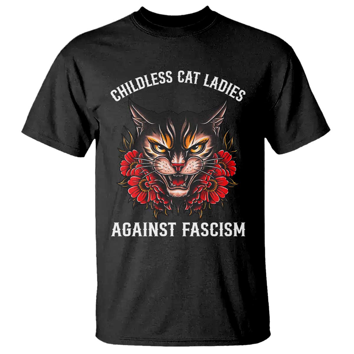 Childless Cat Ladies T Shirt Against Fascism Traditional Tattoo Cat - Wonder Print Shop