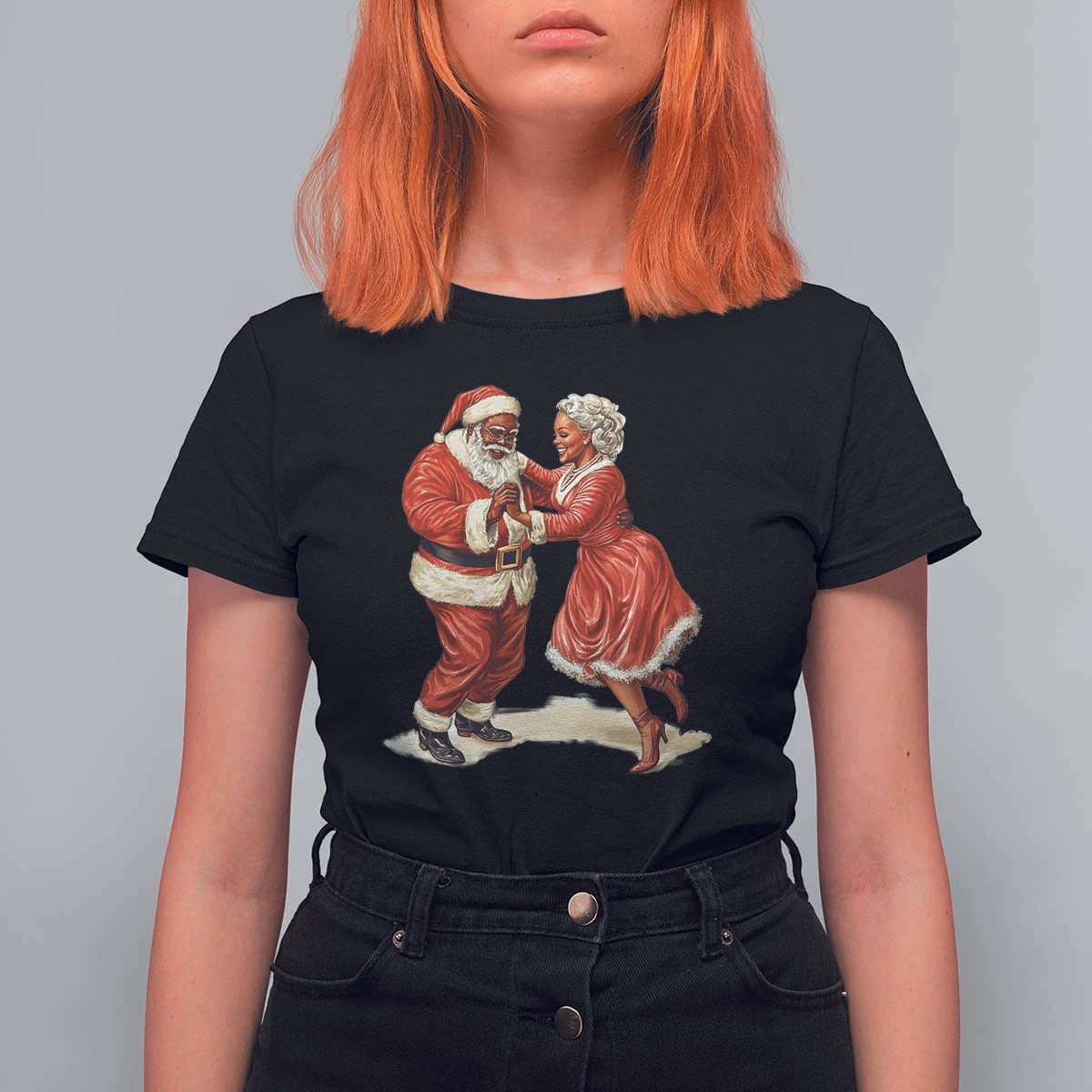 African American Christmas T Shirt For Women Black Santa Mr Mrs Claus Dancing - Wonder Print Shop