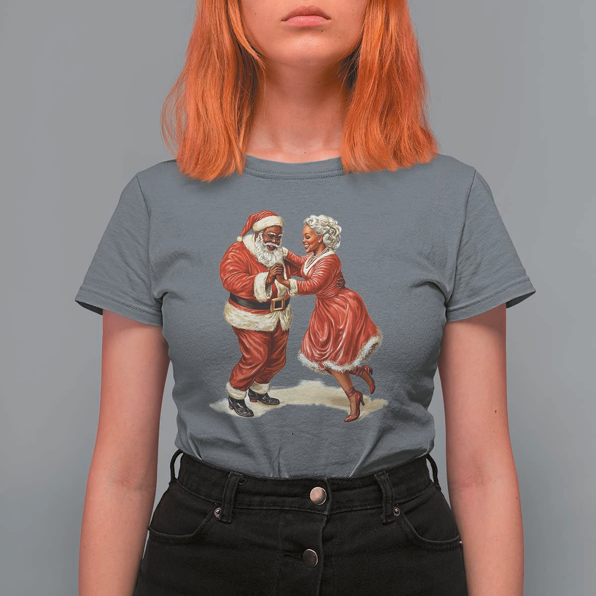 African American Christmas T Shirt For Women Black Santa Mr Mrs Claus Dancing - Wonder Print Shop