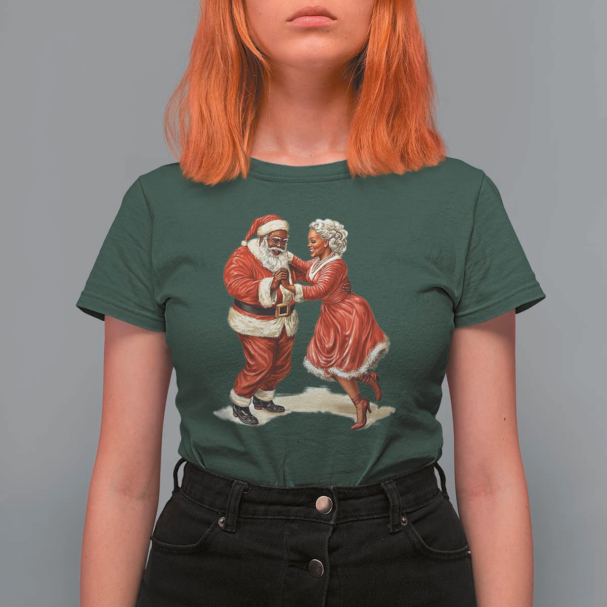 African American Christmas T Shirt For Women Black Santa Mr Mrs Claus Dancing - Wonder Print Shop