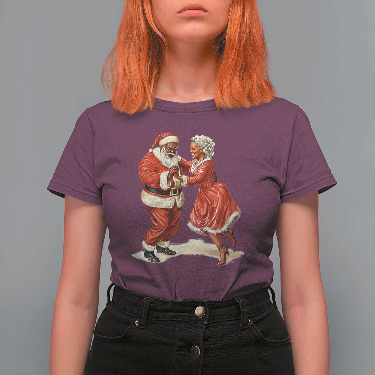 African American Christmas T Shirt For Women Black Santa Mr Mrs Claus Dancing - Wonder Print Shop