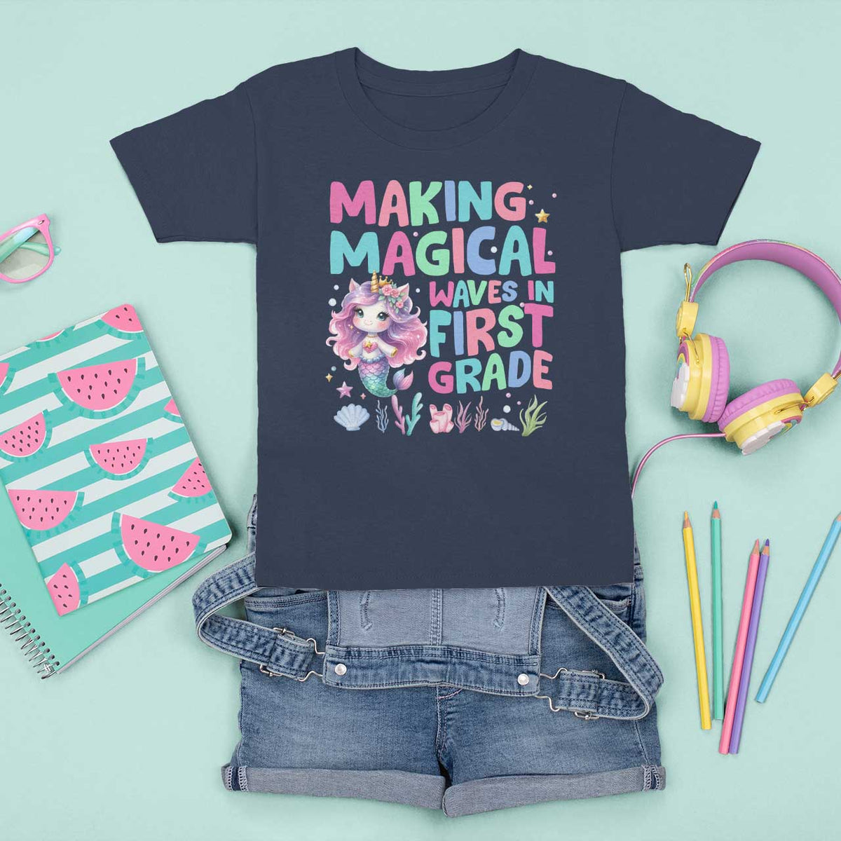 1st Grade Mermaid Unicorn T Shirt For Kid Making Magical Waves In First Grade - Wonder Print Shop