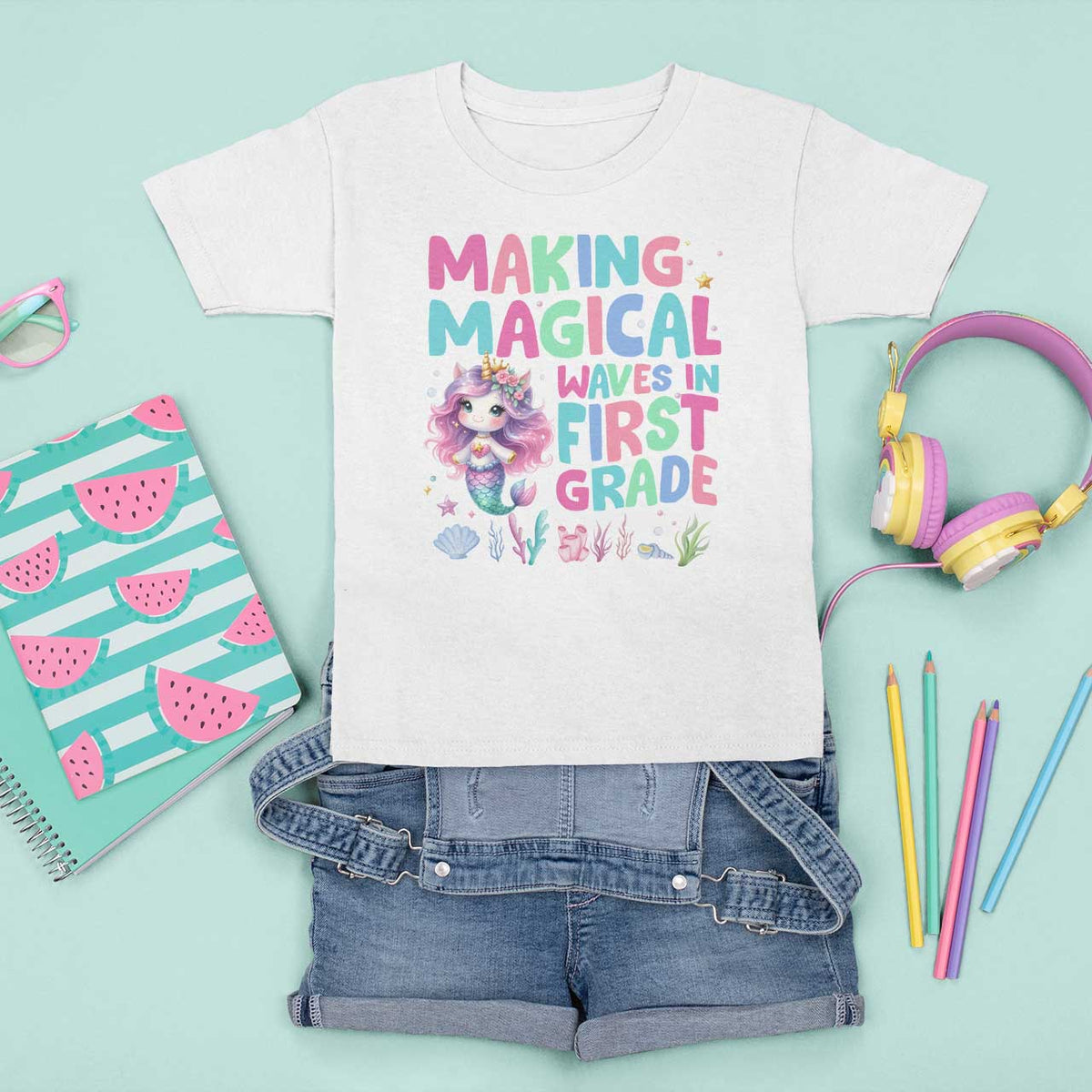 1st Grade Mermaid Unicorn T Shirt For Kid Making Magical Waves In First Grade - Wonder Print Shop