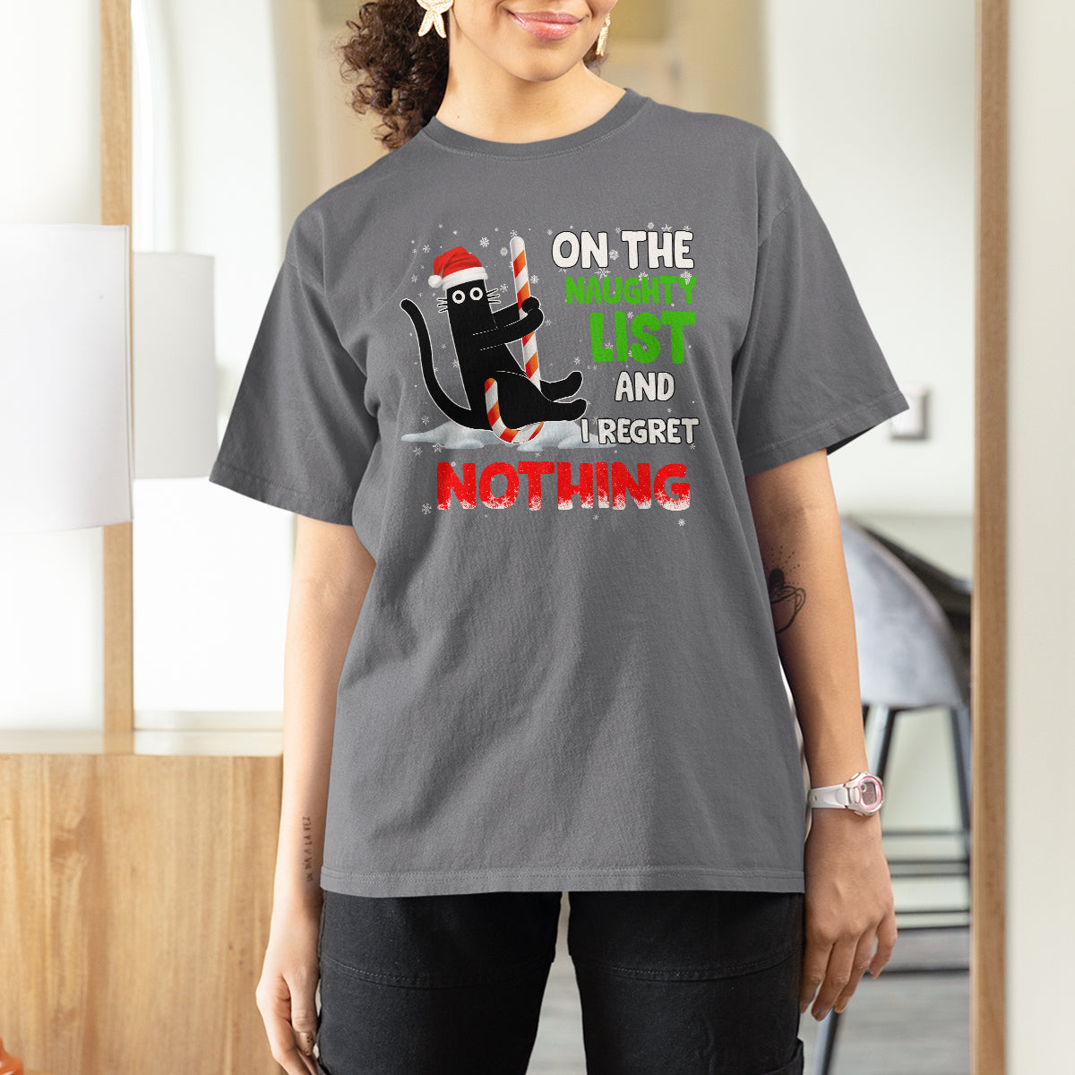 On The Naughty List And I Regret Nothing Funny Cat Lover T Shirt - Wonder Print Shop