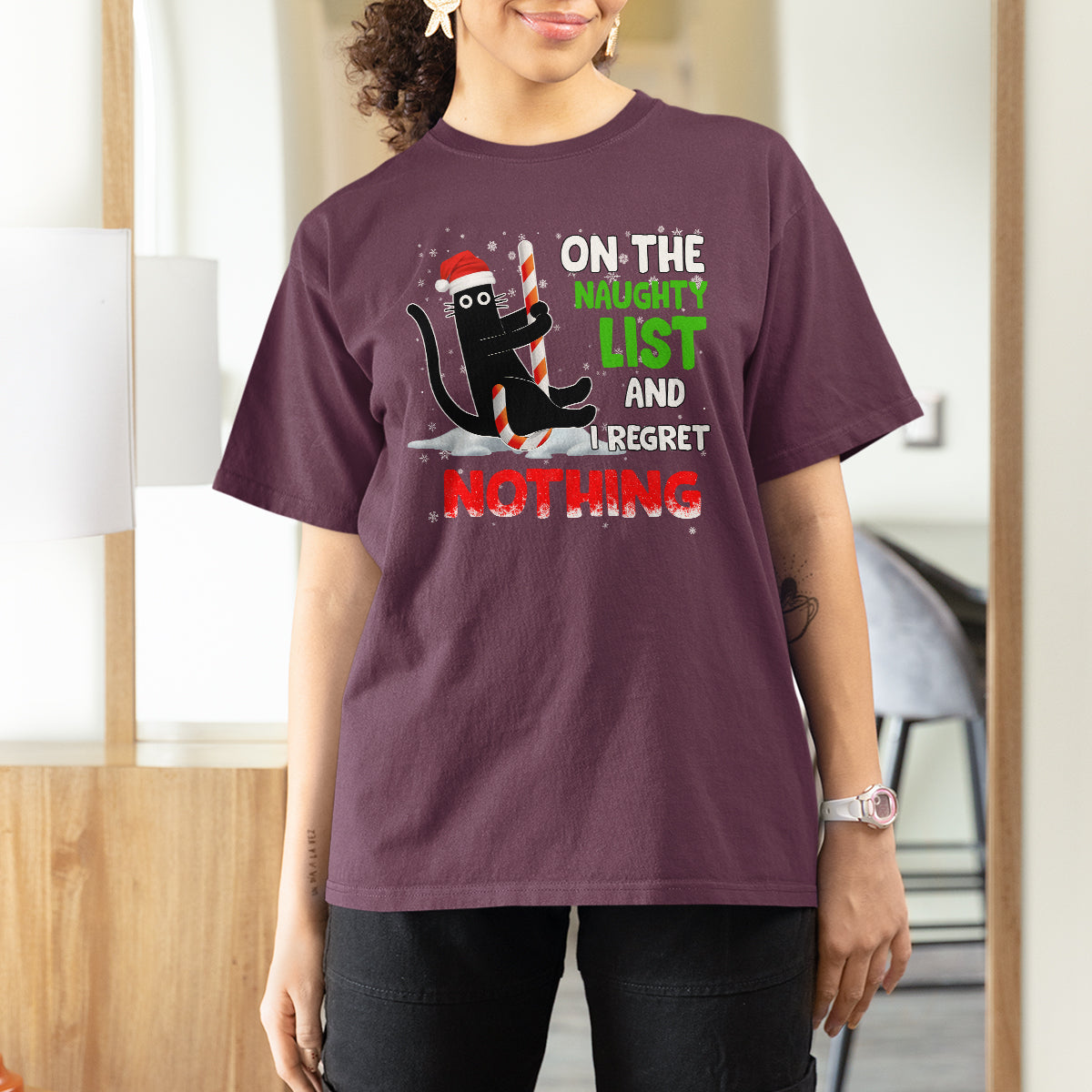 On The Naughty List And I Regret Nothing Funny Cat Lover T Shirt - Wonder Print Shop