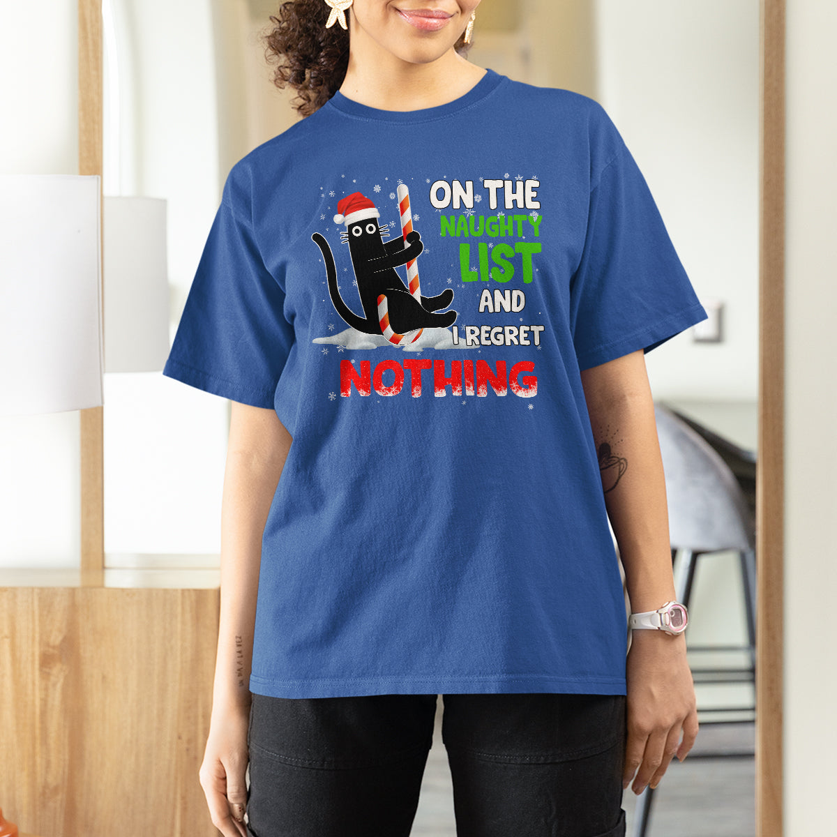 On The Naughty List And I Regret Nothing Funny Cat Lover T Shirt - Wonder Print Shop