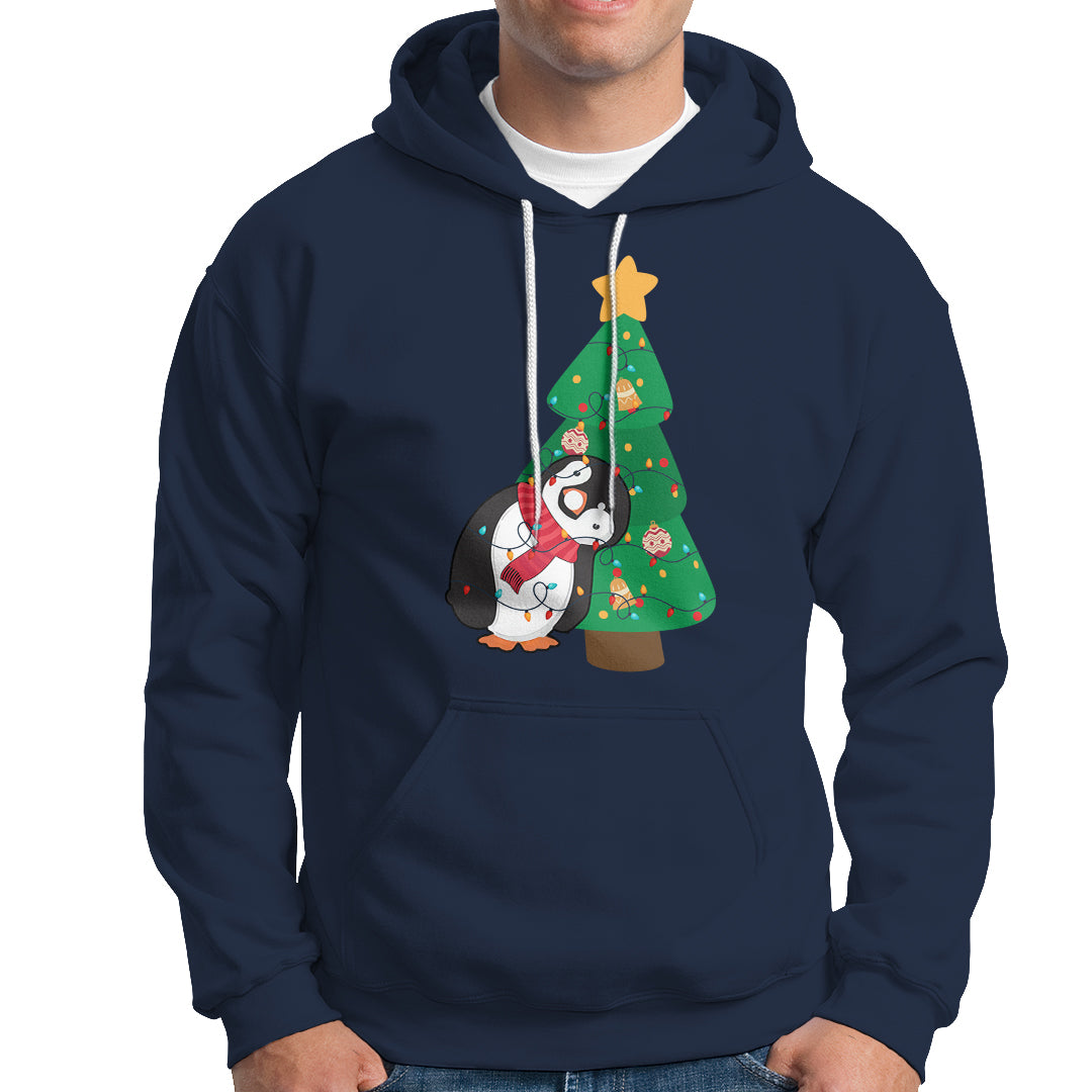 Funny Penguin With Christmas Tree Tangled Xmas Light Hoodie - Wonder Print Shop