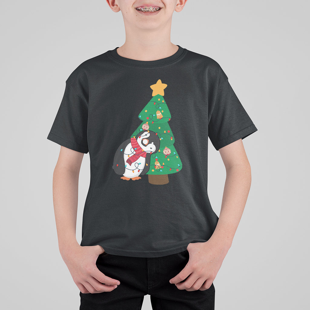 Funny Penguin With Christmas Tree Tangled Xmas Light T Shirt For Kid - Wonder Print Shop
