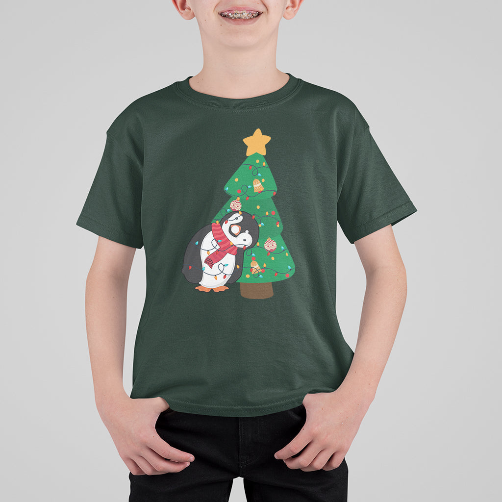 Funny Penguin With Christmas Tree Tangled Xmas Light T Shirt For Kid - Wonder Print Shop