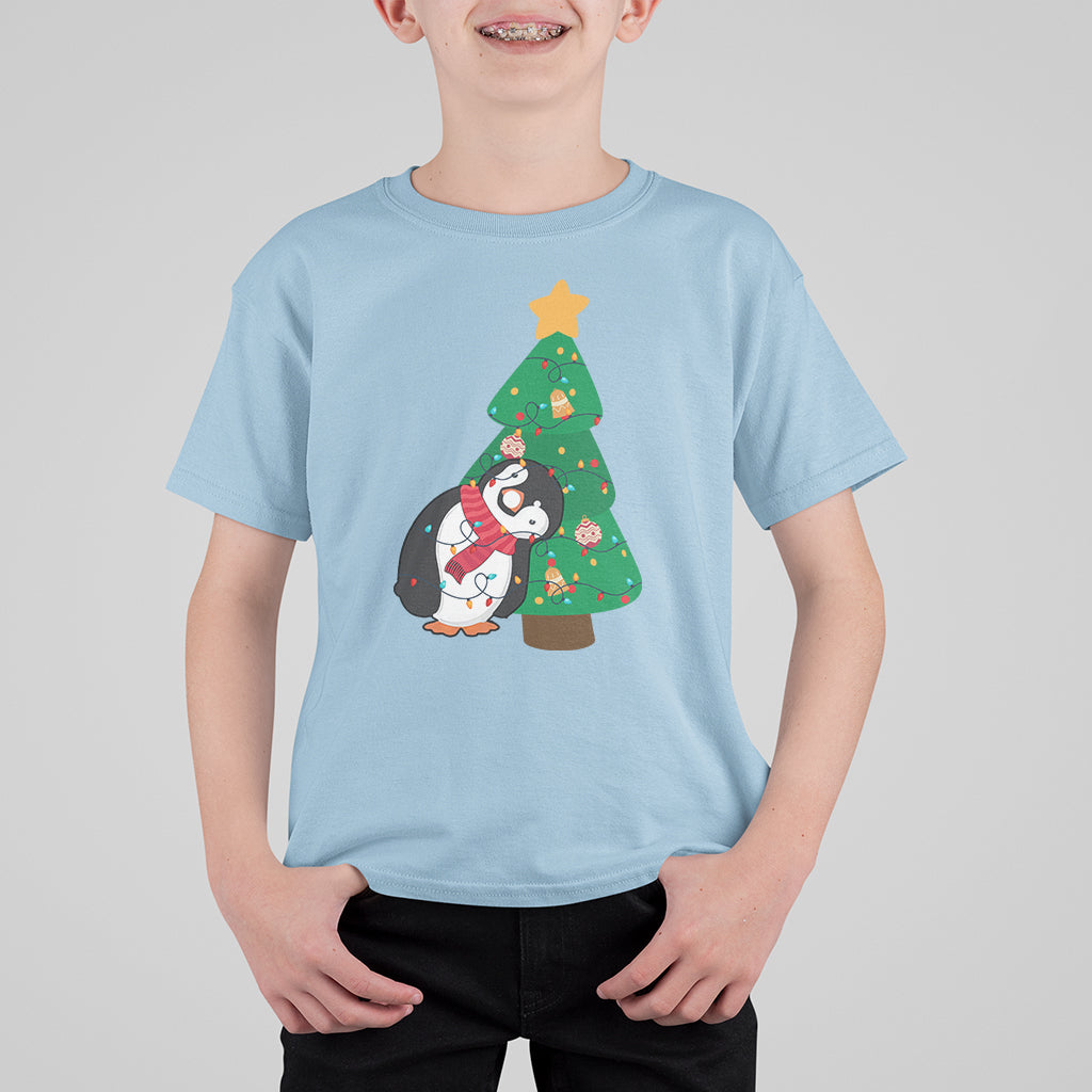Funny Penguin With Christmas Tree Tangled Xmas Light T Shirt For Kid - Wonder Print Shop