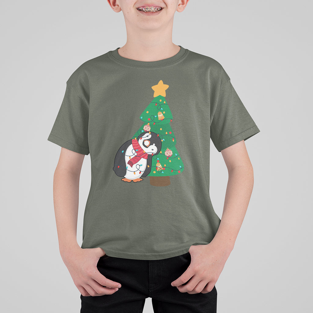 Funny Penguin With Christmas Tree Tangled Xmas Light T Shirt For Kid - Wonder Print Shop