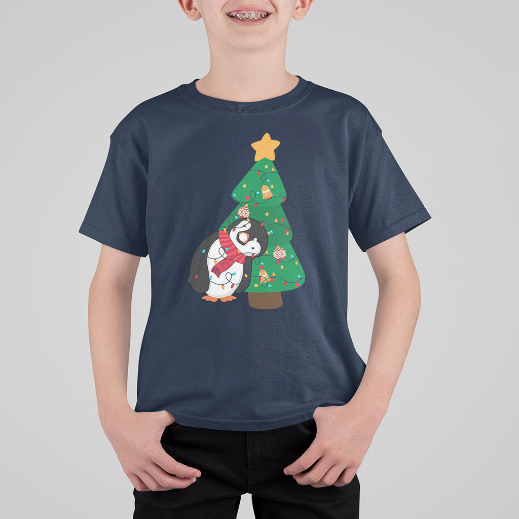Funny Penguin With Christmas Tree Tangled Xmas Light T Shirt For Kid - Wonder Print Shop
