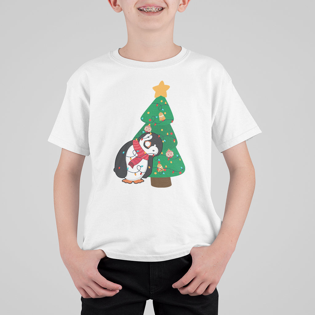 Funny Penguin With Christmas Tree Tangled Xmas Light T Shirt For Kid - Wonder Print Shop