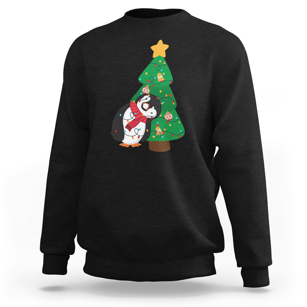 Funny Penguin With Christmas Tree Tangled Xmas Light Sweatshirt - Wonder Print Shop