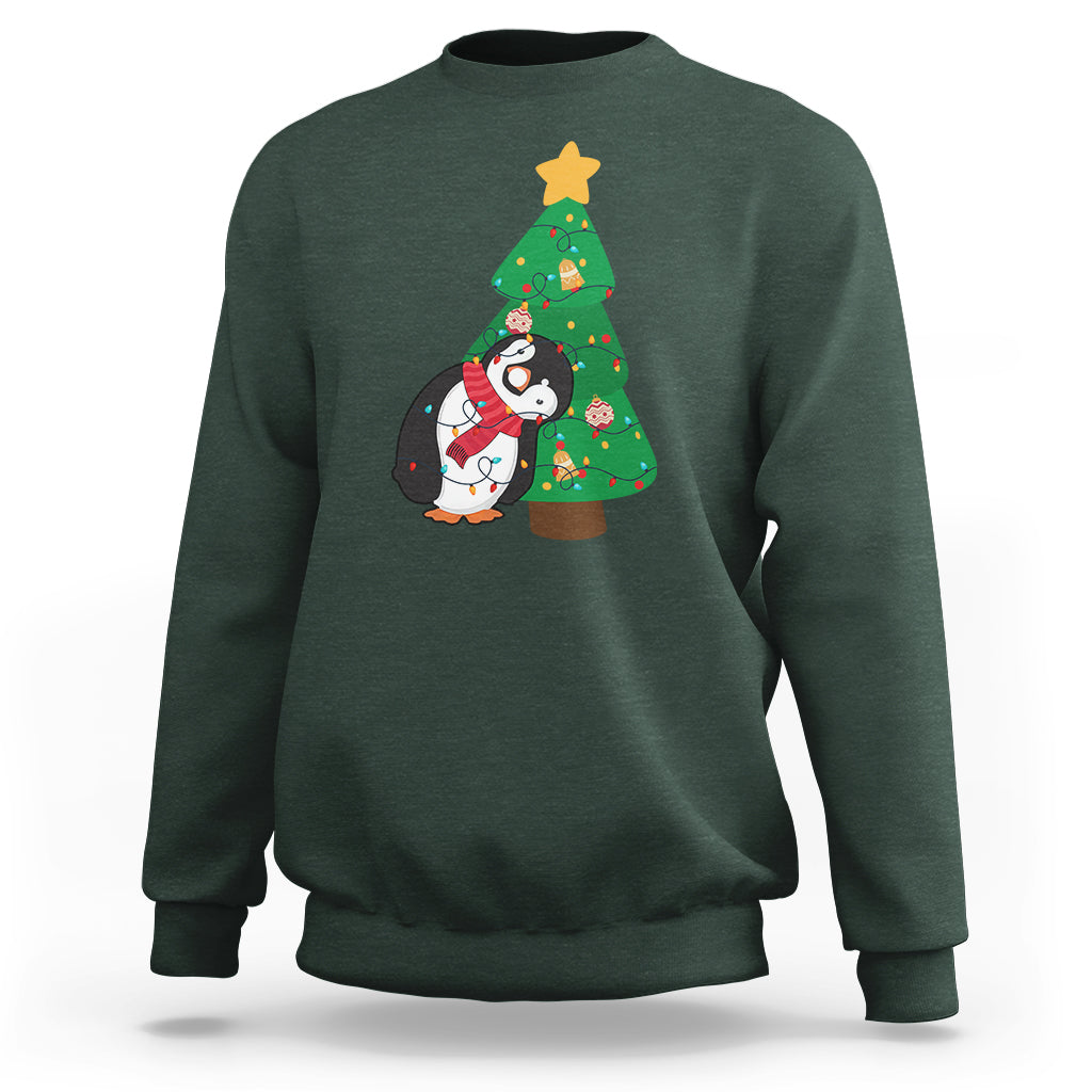 Funny Penguin With Christmas Tree Tangled Xmas Light Sweatshirt - Wonder Print Shop