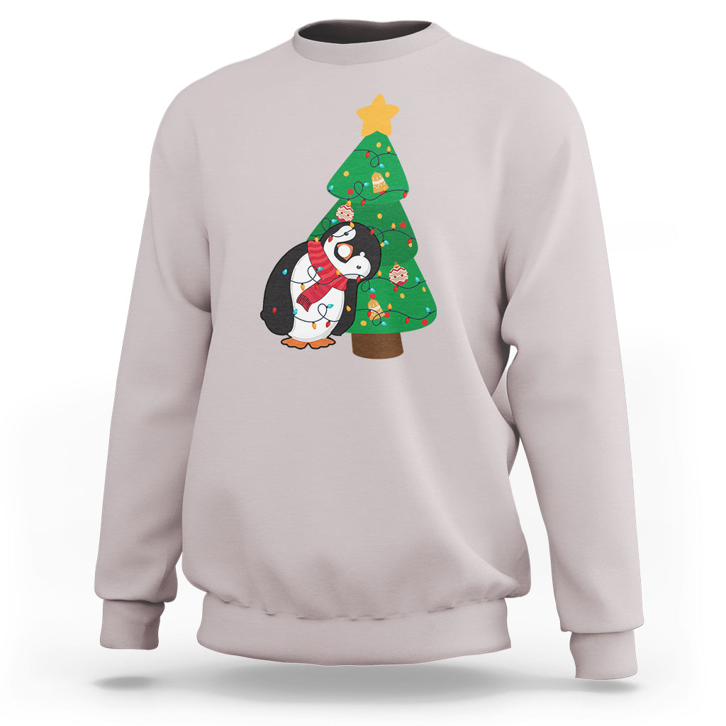 Funny Penguin With Christmas Tree Tangled Xmas Light Sweatshirt - Wonder Print Shop