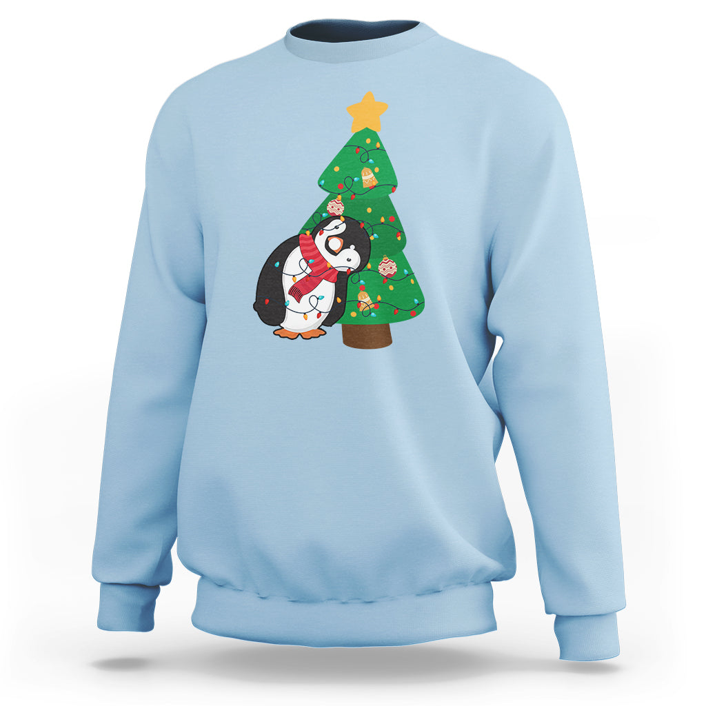 Funny Penguin With Christmas Tree Tangled Xmas Light Sweatshirt - Wonder Print Shop