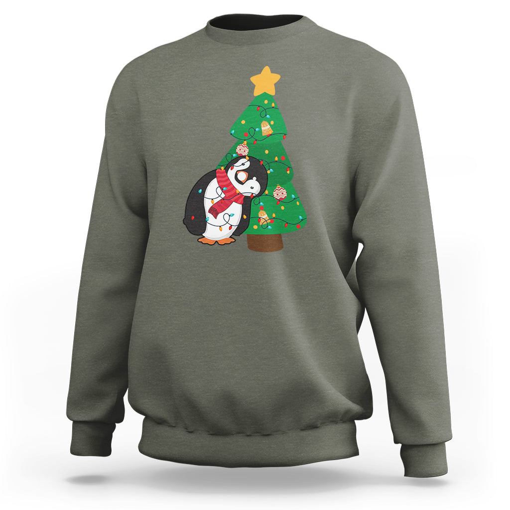 Funny Penguin With Christmas Tree Tangled Xmas Light Sweatshirt - Wonder Print Shop