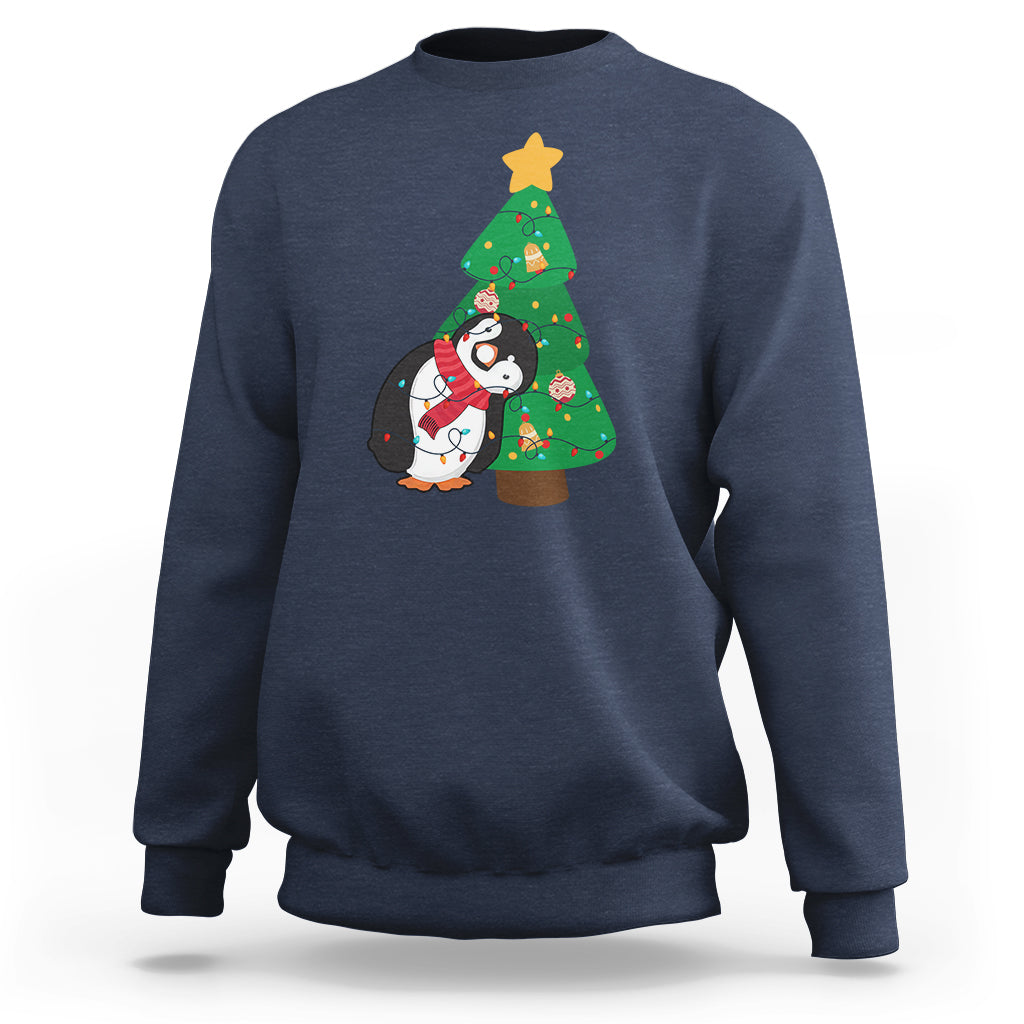 Funny Penguin With Christmas Tree Tangled Xmas Light Sweatshirt - Wonder Print Shop