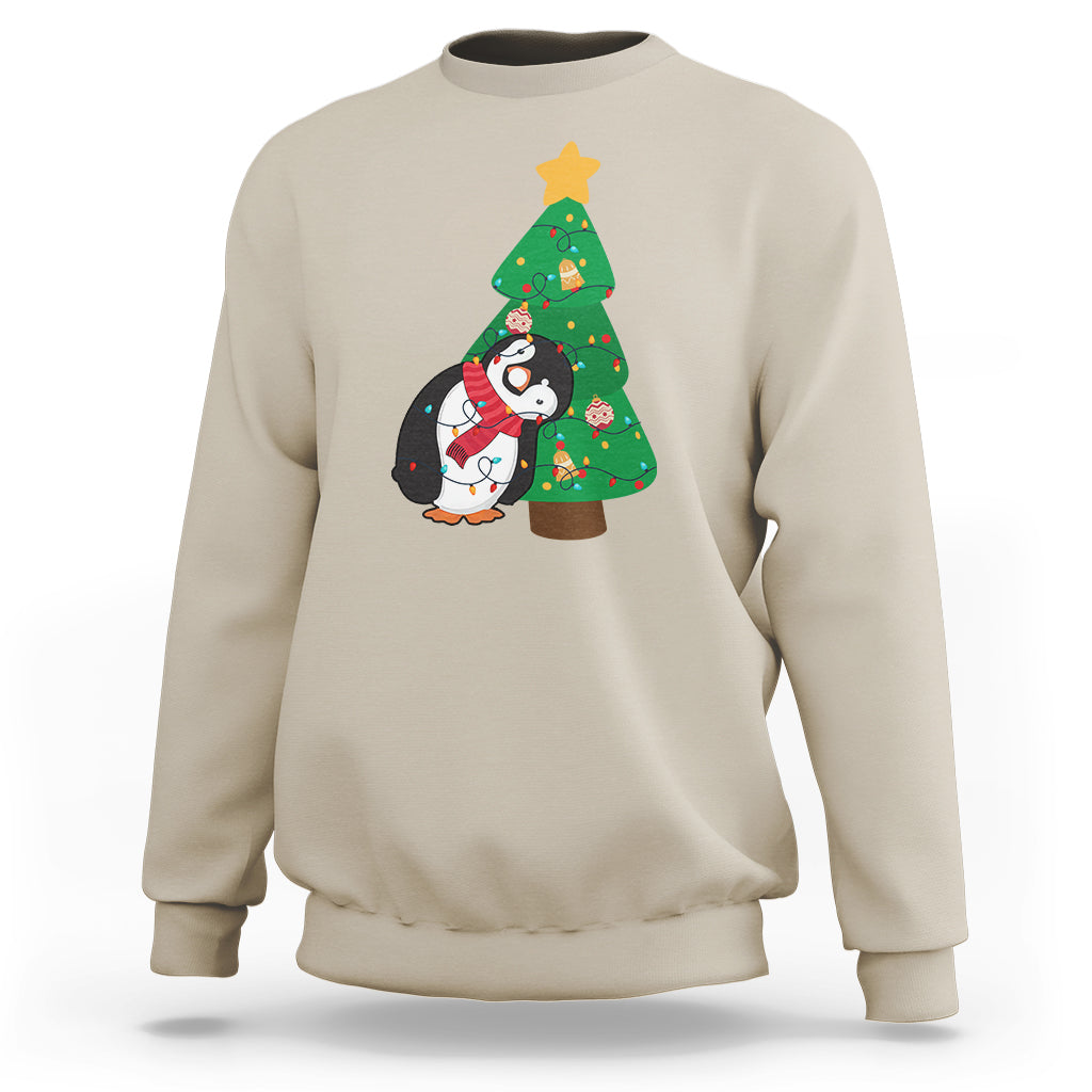 Funny Penguin With Christmas Tree Tangled Xmas Light Sweatshirt - Wonder Print Shop