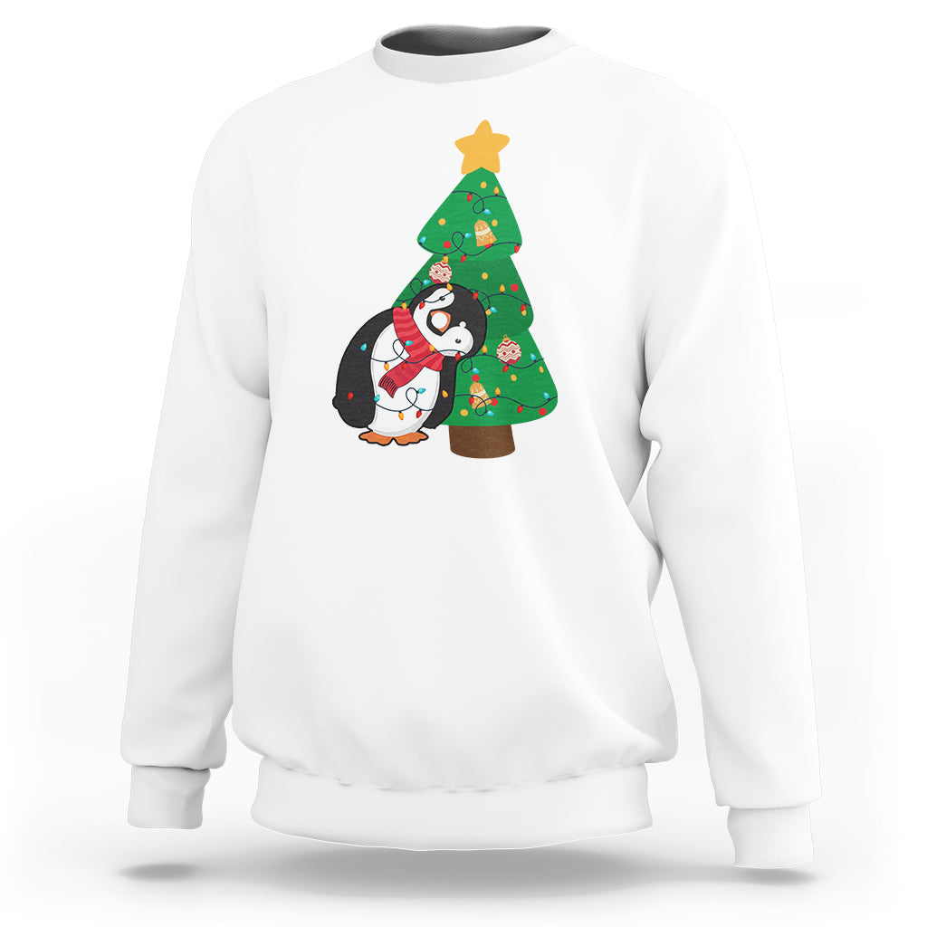 Funny Penguin With Christmas Tree Tangled Xmas Light Sweatshirt - Wonder Print Shop